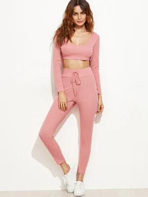 Crop Hooded Top With Drawstring Waist Pants