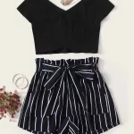 Ribbed Crossover Top & Striped Belted Paperbag Shorts