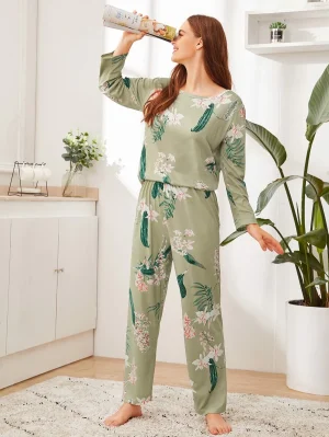 Floral & Leaf Print PJ Set