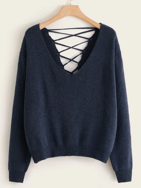 Plus Lace Up Back Ribbed Knit Sweater